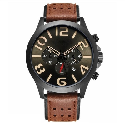 Chronograph των τριπλών ημερομηνίας πορπών καρφιτσών ημερολογιακών ρολογιών δέρματος ατόμων ζωνών ρολόγια