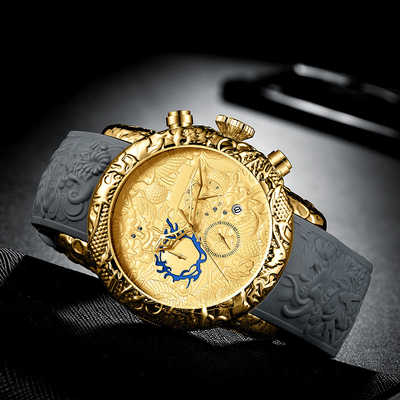 Chronograph ρολογιών των μεγάλων ατόμων πινάκων αδιάβροχη ημερομηνίας αναλογική ταινία βατράχων σχεδίου δράκων χαλαζία τρισδιάστατη