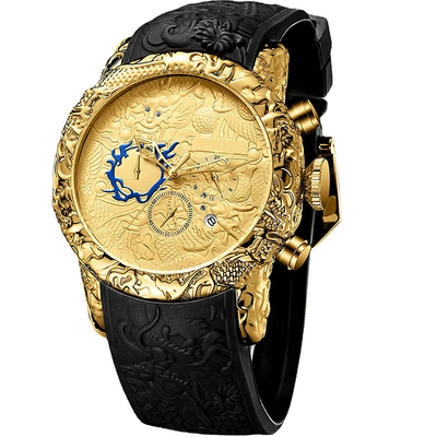 Chronograph ρολογιών των μεγάλων ατόμων πινάκων αδιάβροχη ημερομηνίας αναλογική ταινία βατράχων σχεδίου δράκων χαλαζία τρισδιάστατη