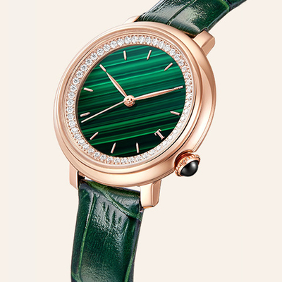 SS316L ορυκτό λουρί δέρματος γυαλιού Wristwatch χαλαζία γυναικών
